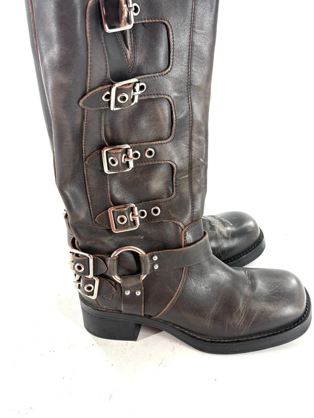 Steve Madden Rocky Buckle Moto Boots 7.5 Punk Grunge Gray Silver Tall Knee High